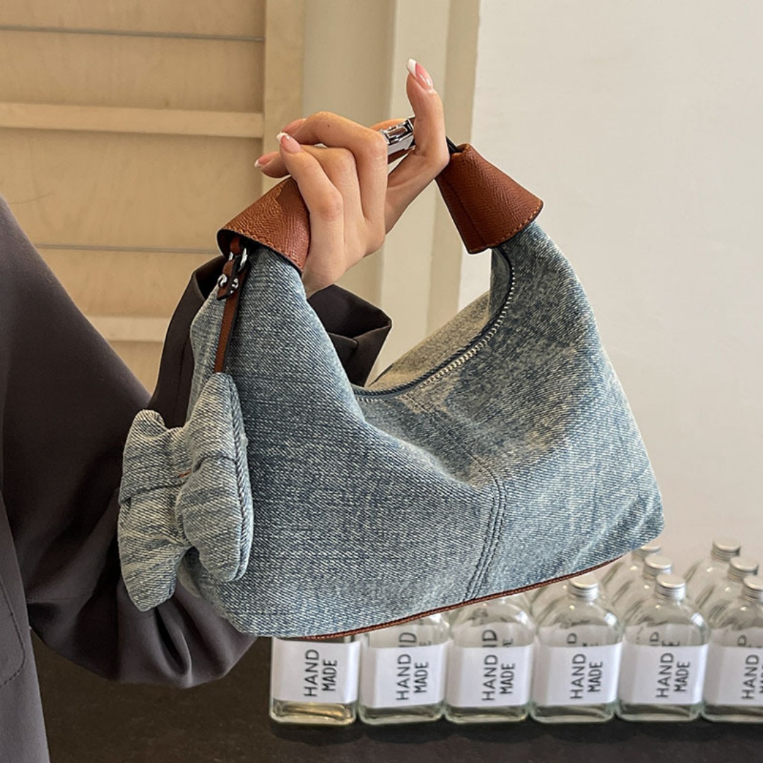 Women Bags Jeans - ヴィンテージウォッシュデニム製レザーハンドル付きデイリーバッグ、女性・女子向け通勤・通学用レトロジーンズクロスボディショルダーバッグ