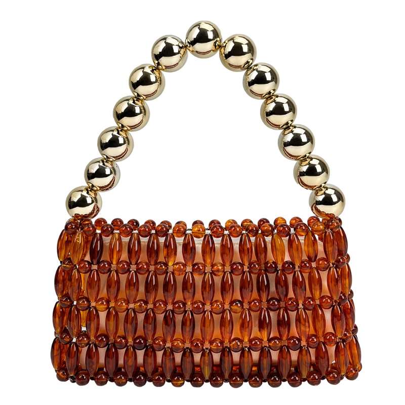 Tortoiseshell Bag Acrylic - エレガントな手作りのビーズクリスタルアンバーブラウンの豪華なハンドバッグ、くり抜きデザイン、レトロなべっ甲模様のイブニングバッグ2026