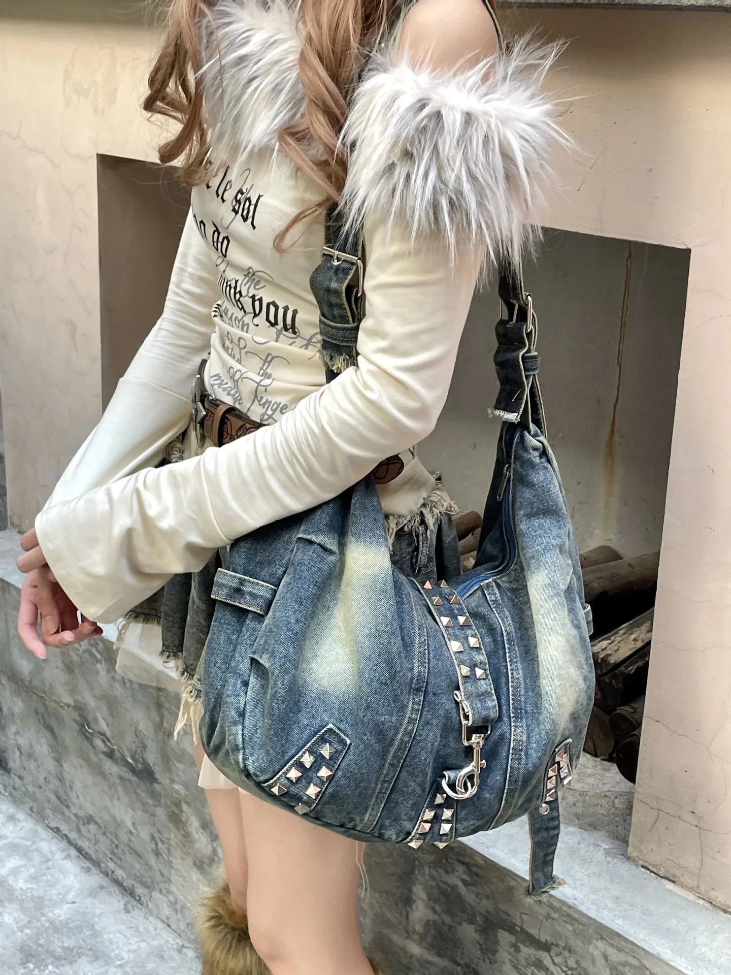 Women Bags Jeans - ウォッシュドデニムリベットショルダーバッグ女性用ハンドバッグ大容量ショッピングバッグビッグ女性クロスボディバッグソフトジーンズカジュアルトートバッグ