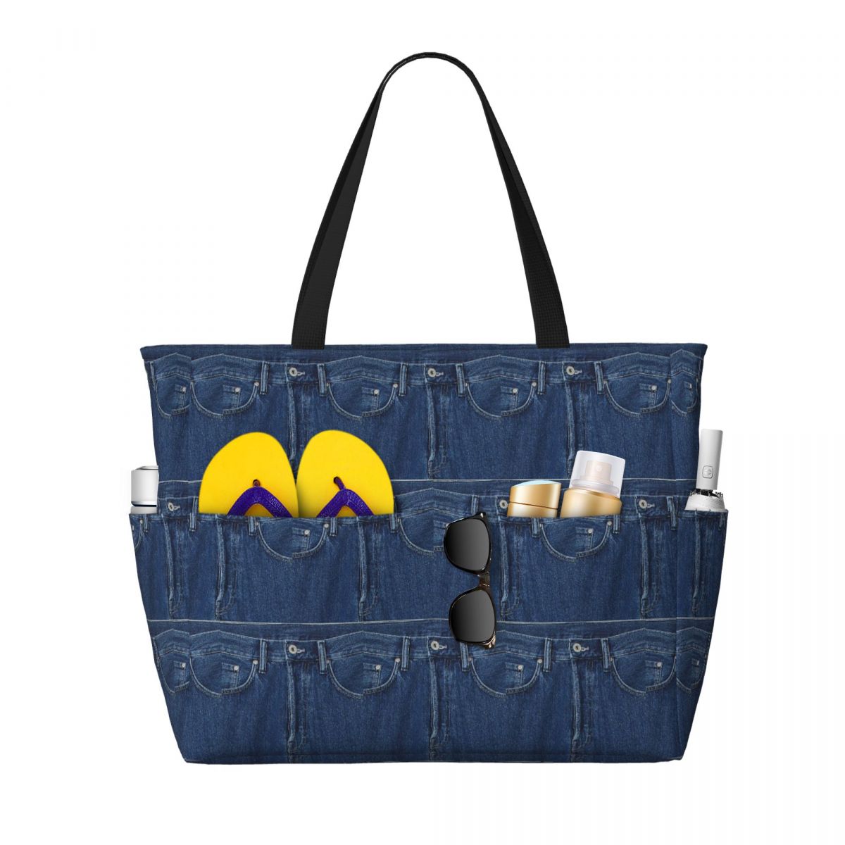 Women Bags Jeans - ブルーデニム クラシックジーンズテクスチャ ビーチトートバッグ スポーツジムヨガ ダッフルバッグ ラージトートバッグ