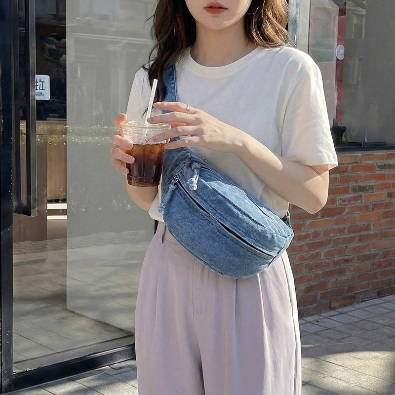Women Bags Jeans - ヴィンテージデニムファニーパックストラップウォッシュドジーンズクロスボディスリングバッグカジュアル大容量ウエストショルダーバッグ女性用ストリートスタイル