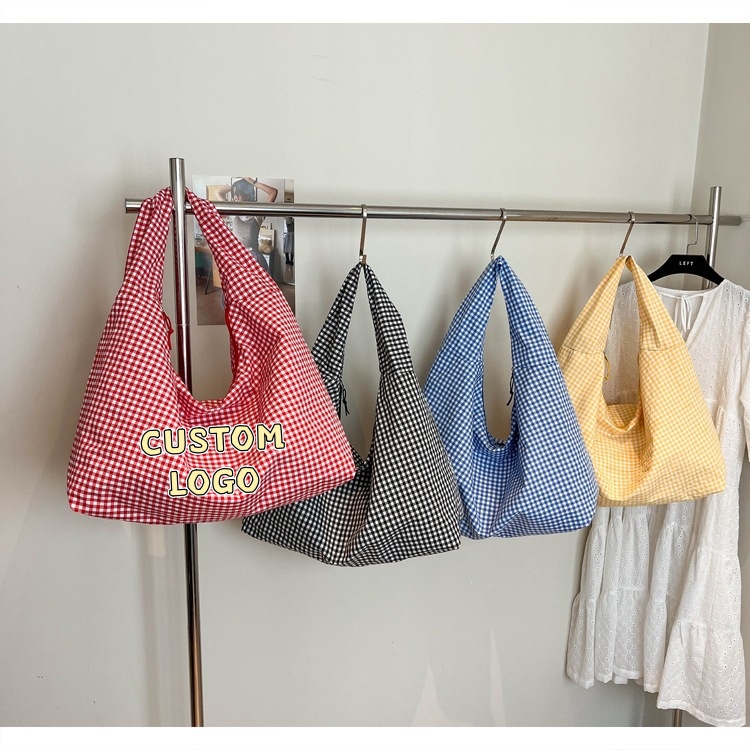 Hobo Bag Slouchy - カスタムロゴ入りパステルギンガムチェック柄スラウチショルダーバッグ軽量プレイド大型ショッピングホーボーバッグカスタマイズ可能ハンドバッグ大量供給