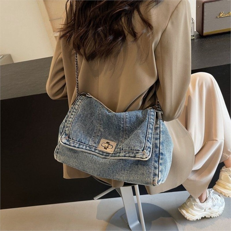 Women Bags Jeans - 原宿スタイルヴィンテージデニムトートバッグ女性カジュアル通勤大容量ショルダーバッグレディース多用途チェーンクロスボディバッグ 2025