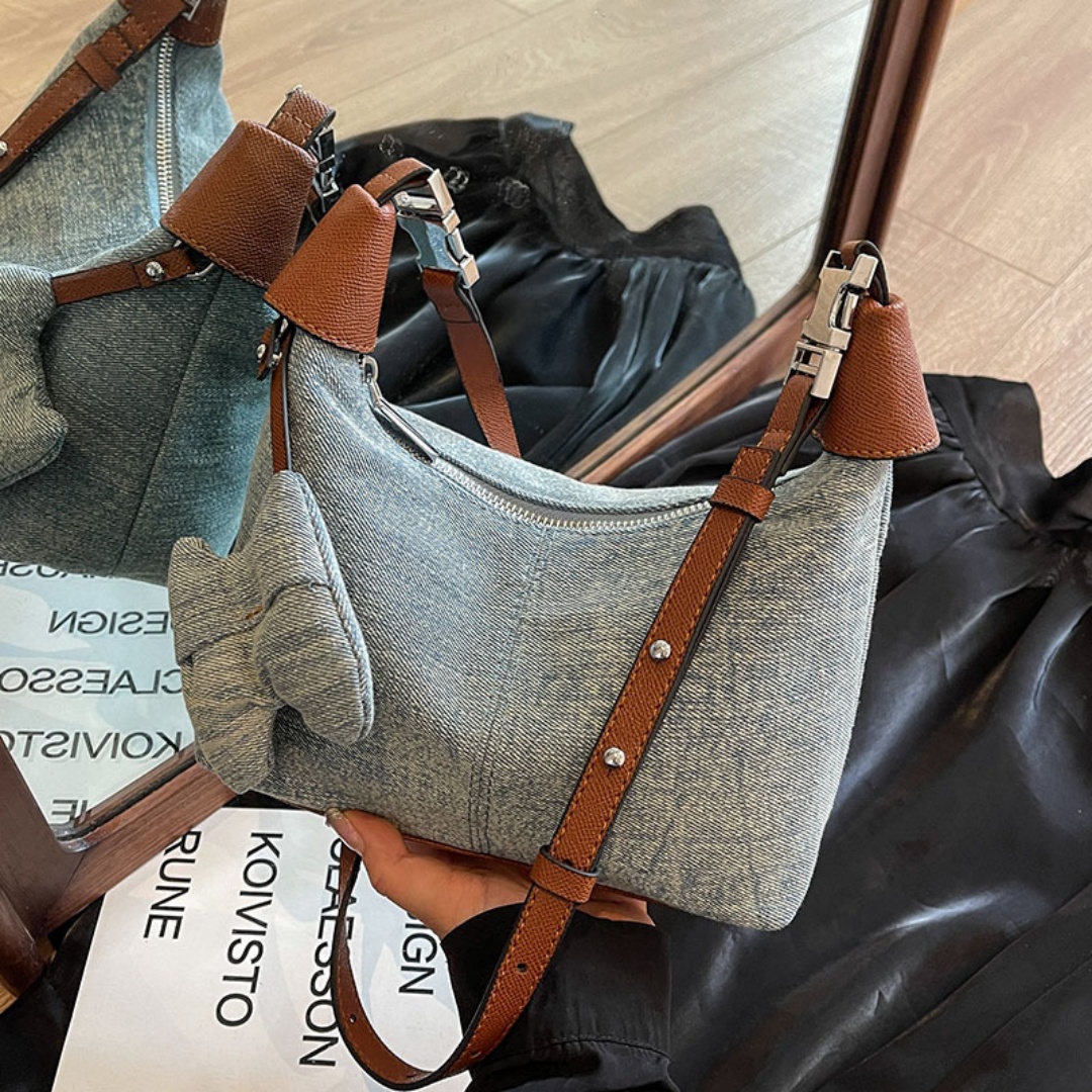 ヴィンテージウォッシュデニム製レザーハンドル付きデイリーバッ - Women Bags Jeans のレビューと価格