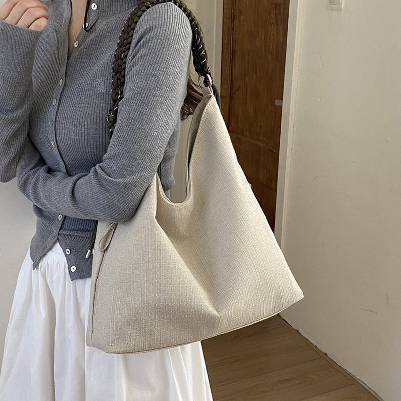 女性用クリームリブホーボーバッグ、編み込みレザーハンドル付き - Hobo Bag Slouchy のレビューと価格