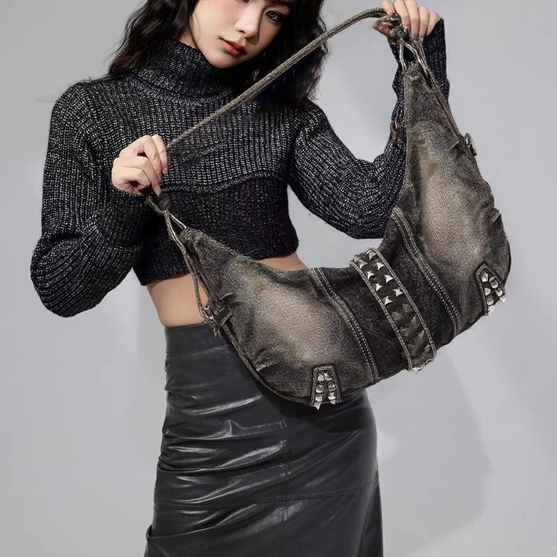 ウォッシュドデニムリベットショルダーバッグ女性用ハンドバッグ - Women Bags Jeans のレビューと価格