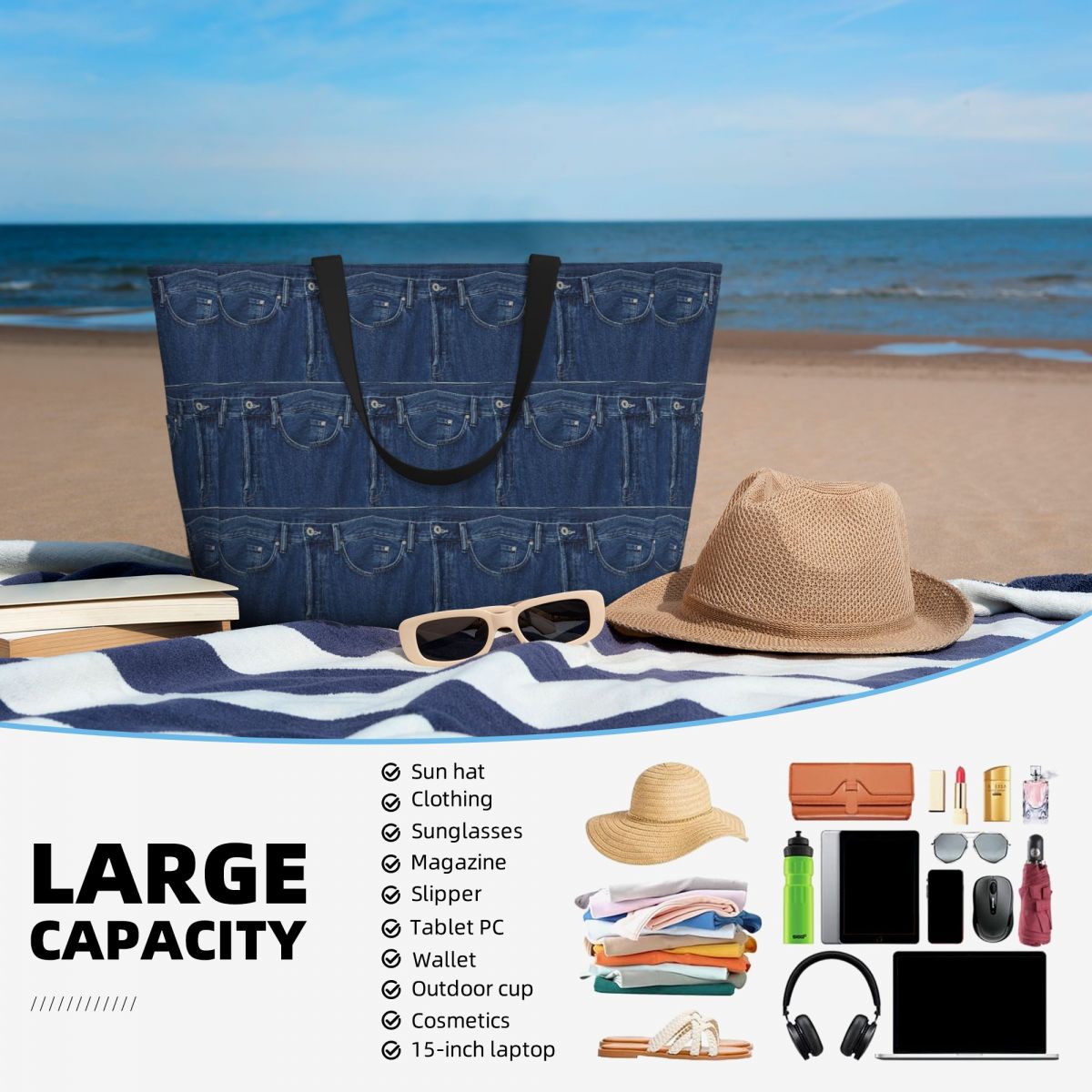ブルーデニム クラシックジーンズテクスチャ ビーチトートバッ - Women Bags Jeans のレビューと価格
