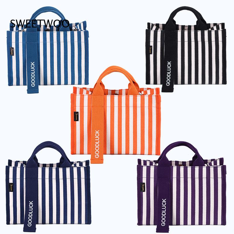 2026年版 縦縞キャンバス製小型トートバッグ 多用途ハンド - Women Hand Bags For Office のレビューと価格