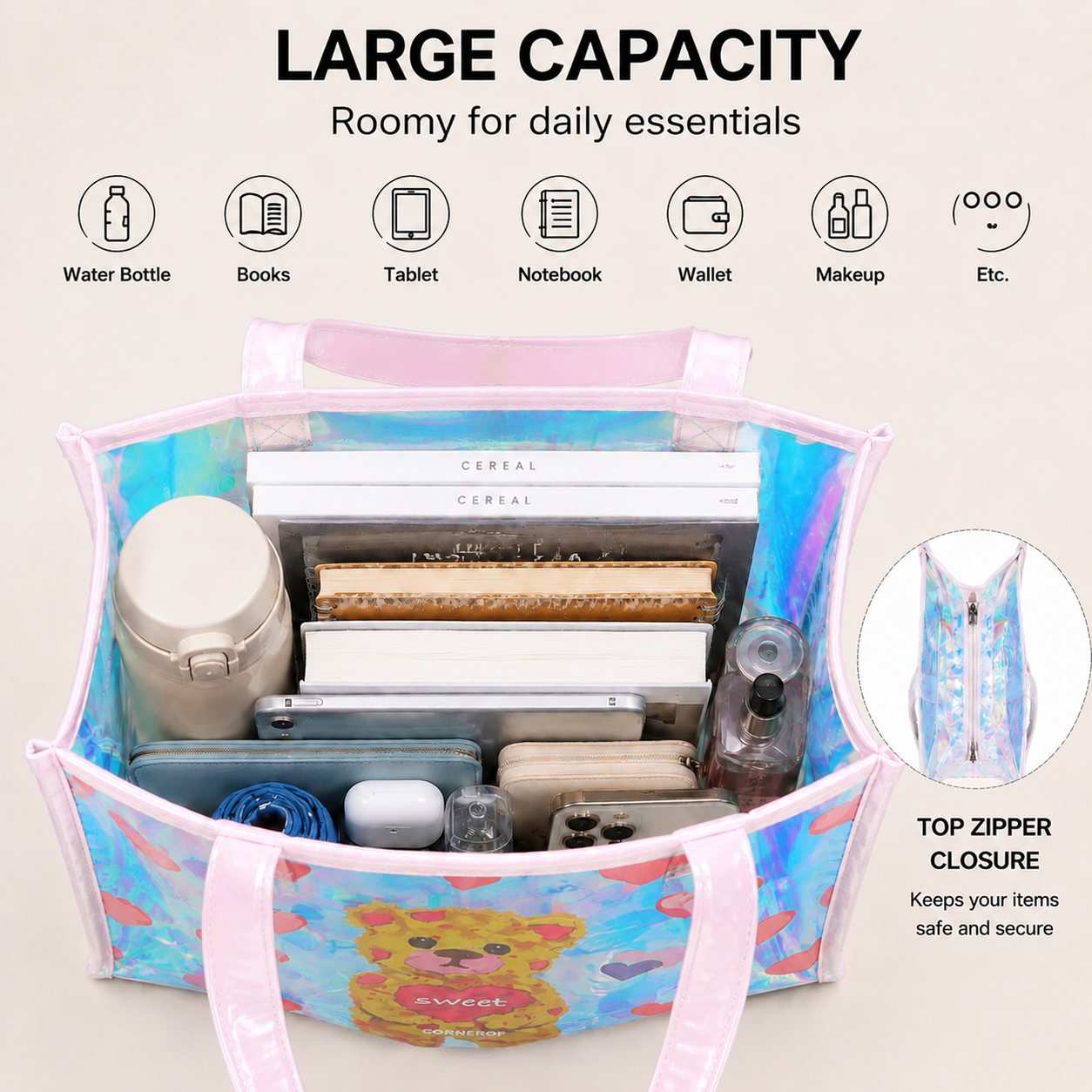 ホログラフィック透明トートバッグ 女性用 かわいいクマとハー - Women Bags Lv のレビューと価格